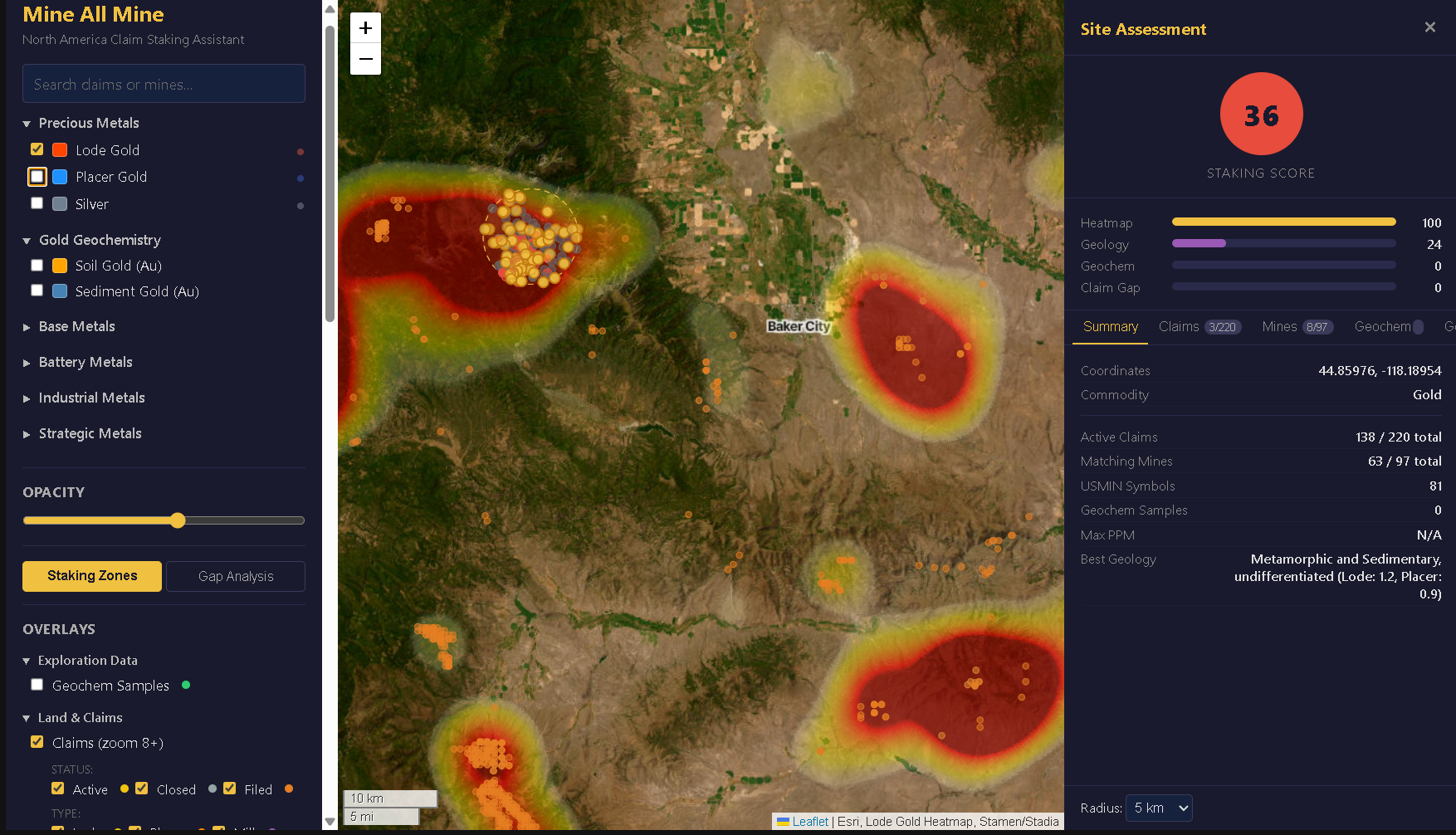 Mine All Mine app showing gold deposit heatmap with active claims and site assessment panel