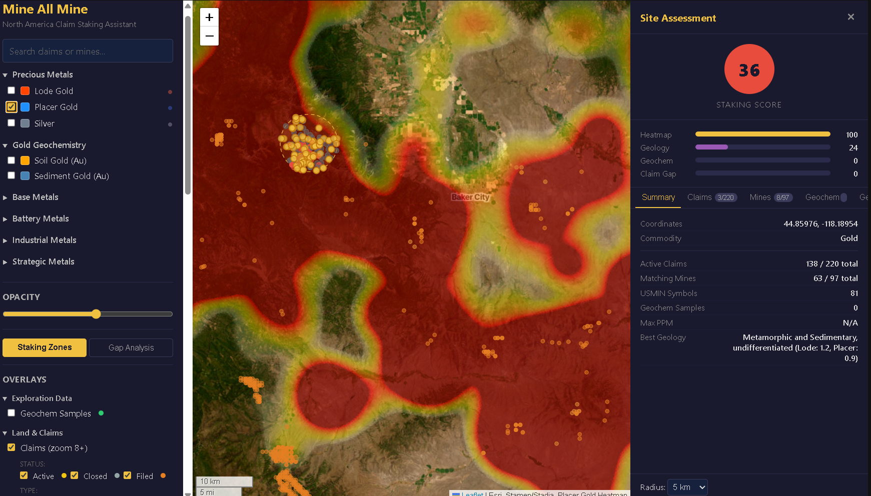 Placer gold heatmap showing alluvial deposit patterns with claims overlay